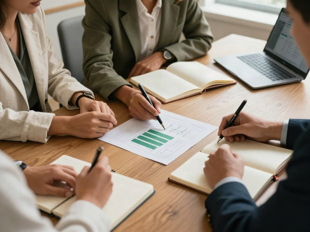 Consultants reviewing business performance charts and agreeing on strategic priorities around a table