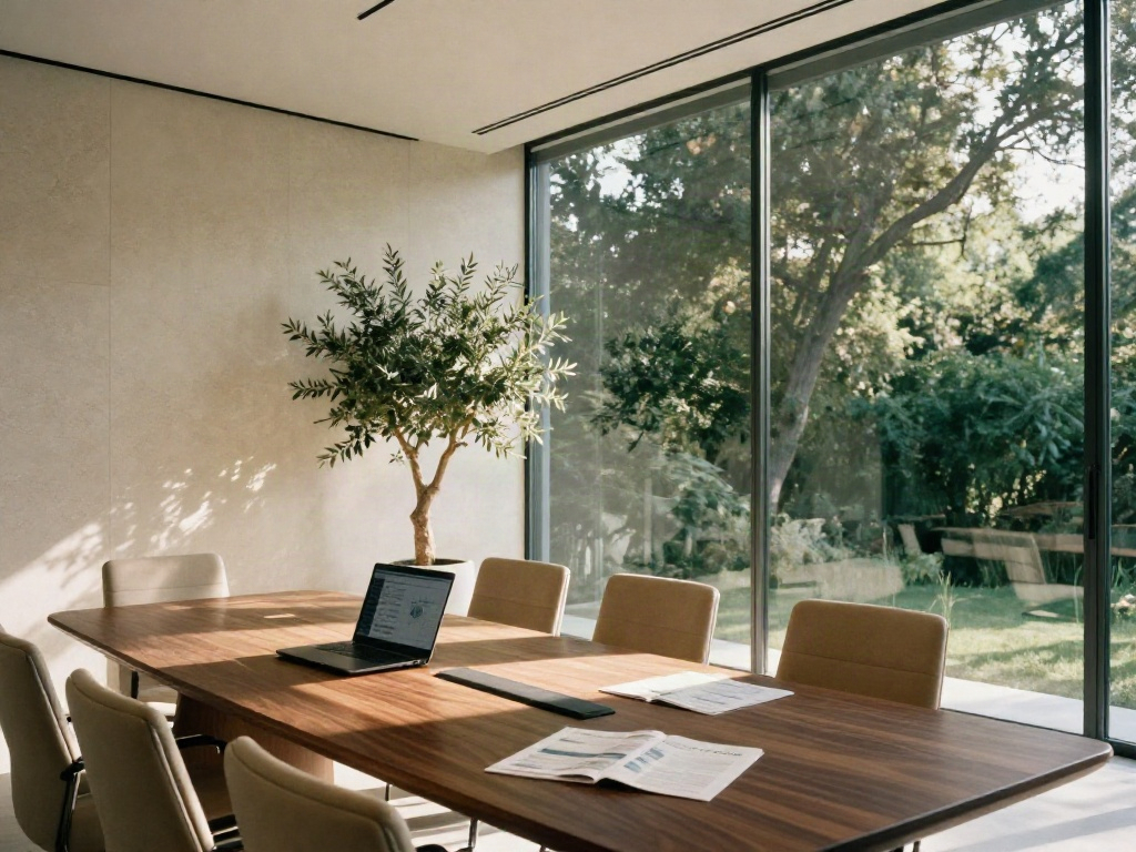 Sunlit executive boardroom with strategy reports and a laptop, overlooking a green Portuguese landscape